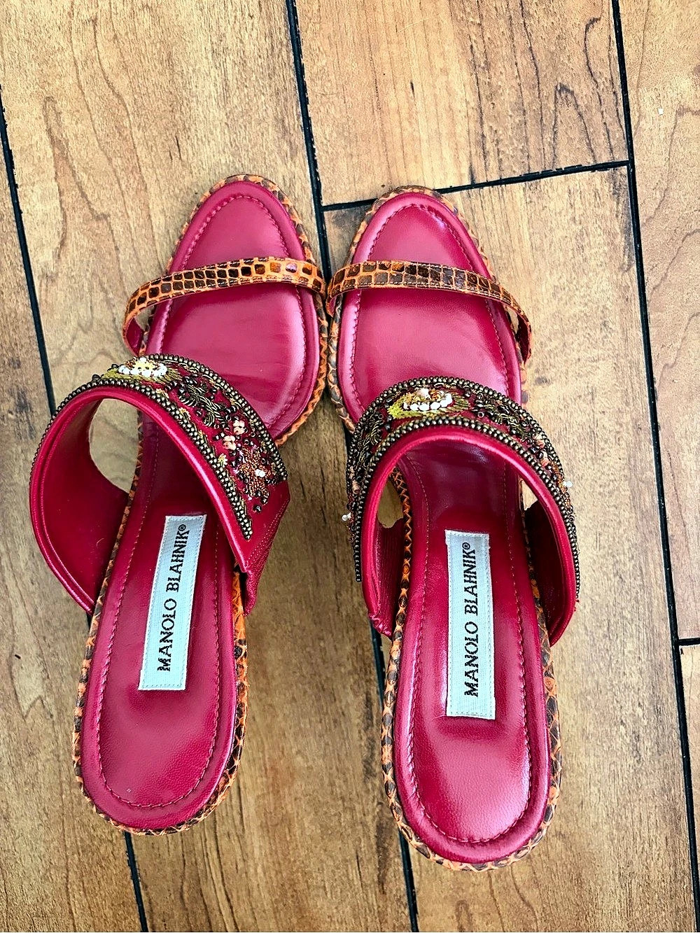 Manolo Blahnik Embellished Heels Red & Orange US 9B